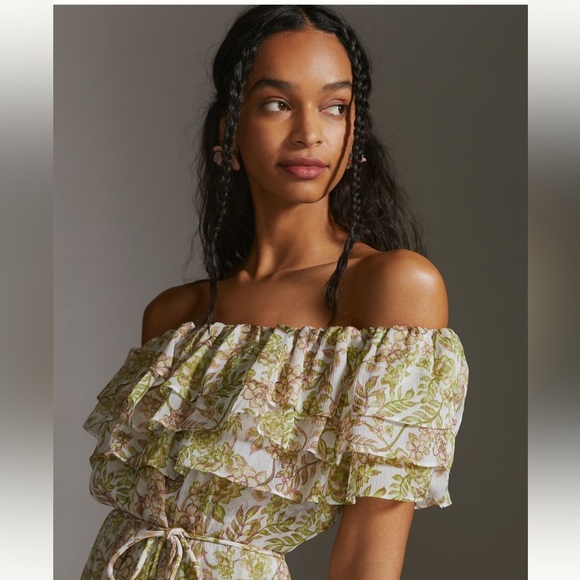 MISA Off-the-shoulder Ruffle Midi Dress Green Motif Small NWT - Picture 2 of 6